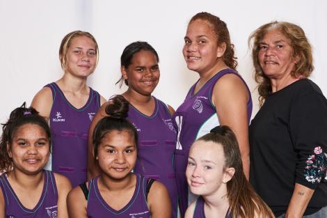 Potrait of Tambellup Netball team: Montanna, Ashanti, Courtaney, Kyesha, Eliza, Lutoya and Sonya